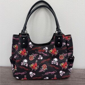 Ed Hardy Black and Red Skull & Roses Tattoo Women's Tote Bag Snap Closure NWOT